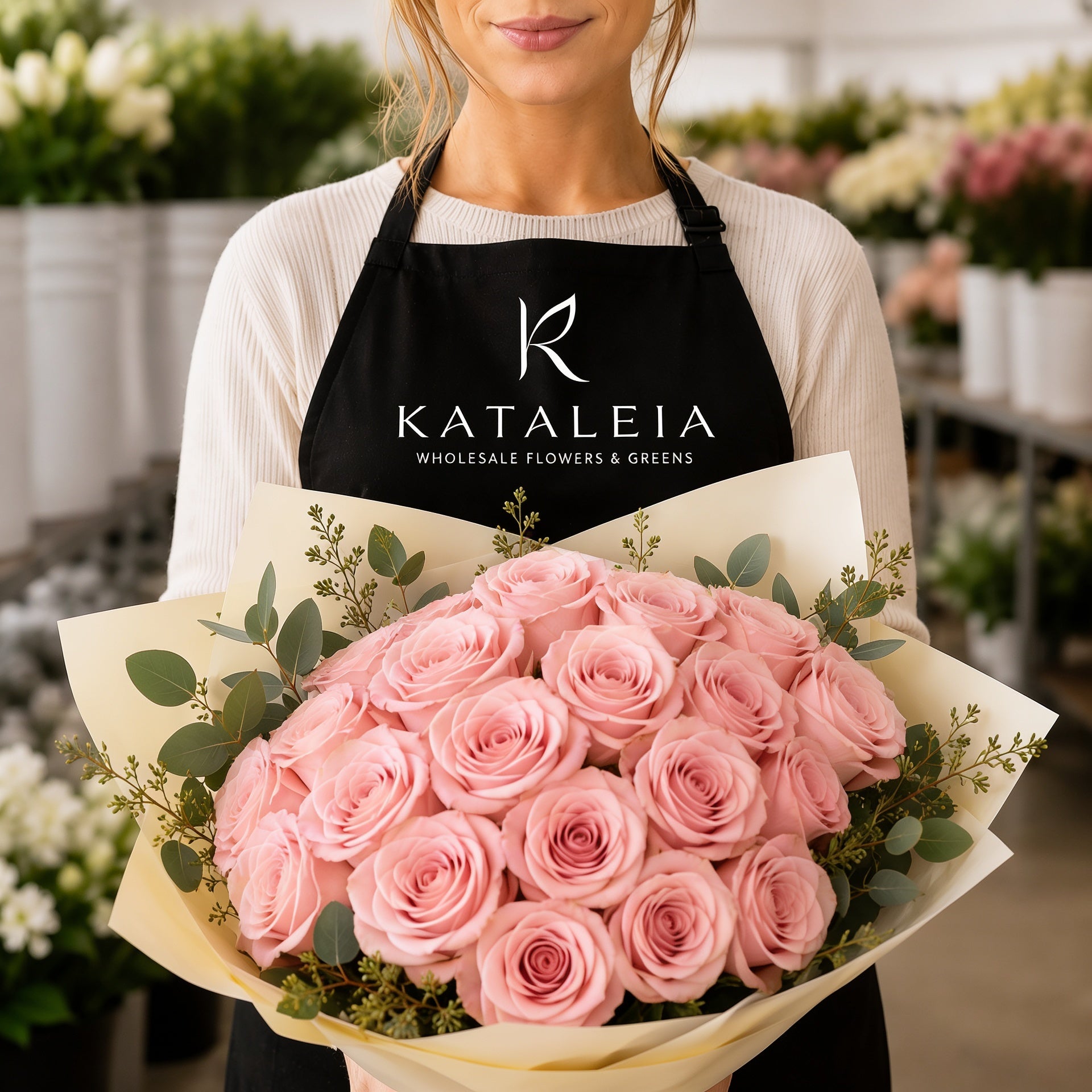 Florist holding a wholesale bouquet of fresh blush pink Absolut In Pink roses with eucalyptus, farm-direct from Kataleia
