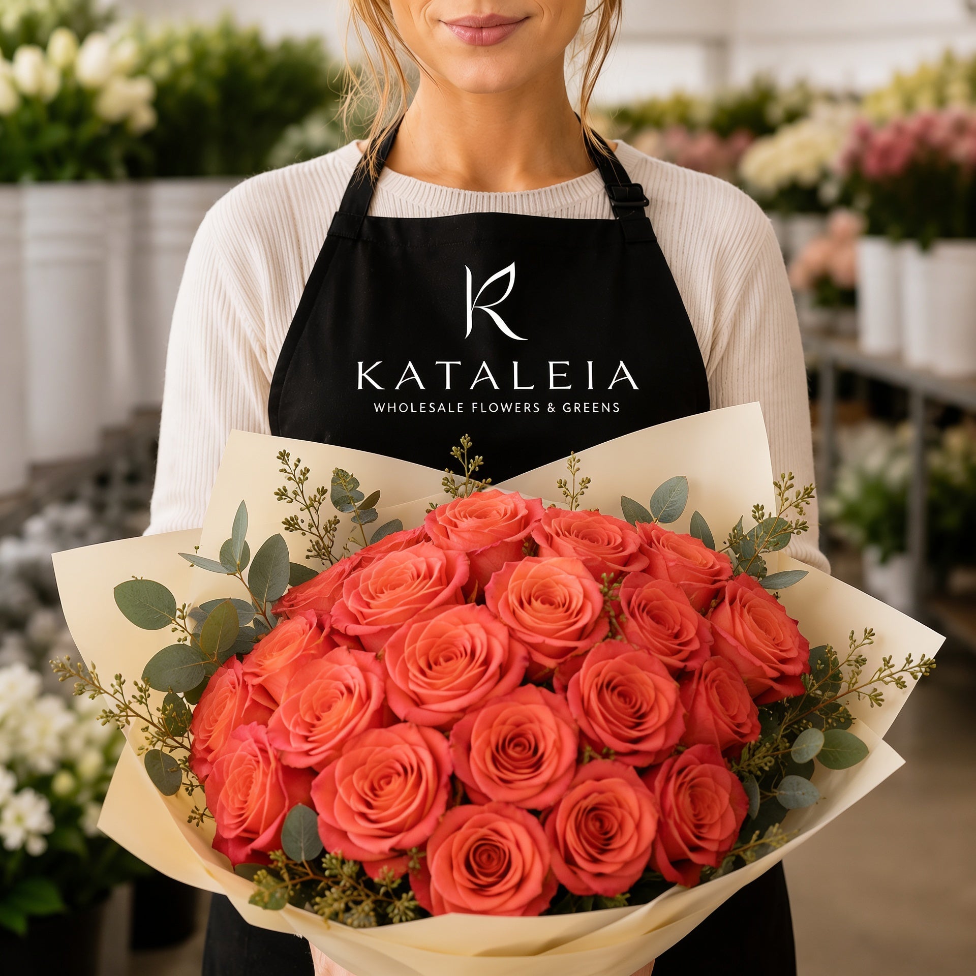 Florist holding a wholesale bouquet of fresh coral pink All For Love roses with eucalyptus, farm-direct from Kataleia