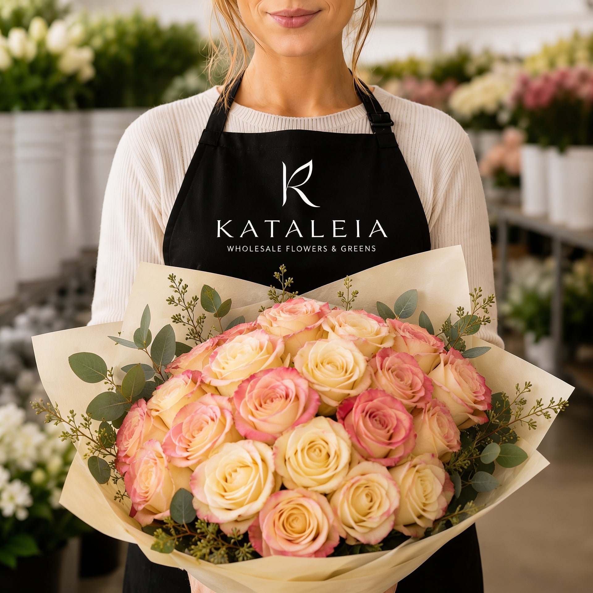 Florist holding a wholesale bouquet of fresh bicolor cream and pink Apple Jack roses with eucalyptus, farm-direct from Kataleia