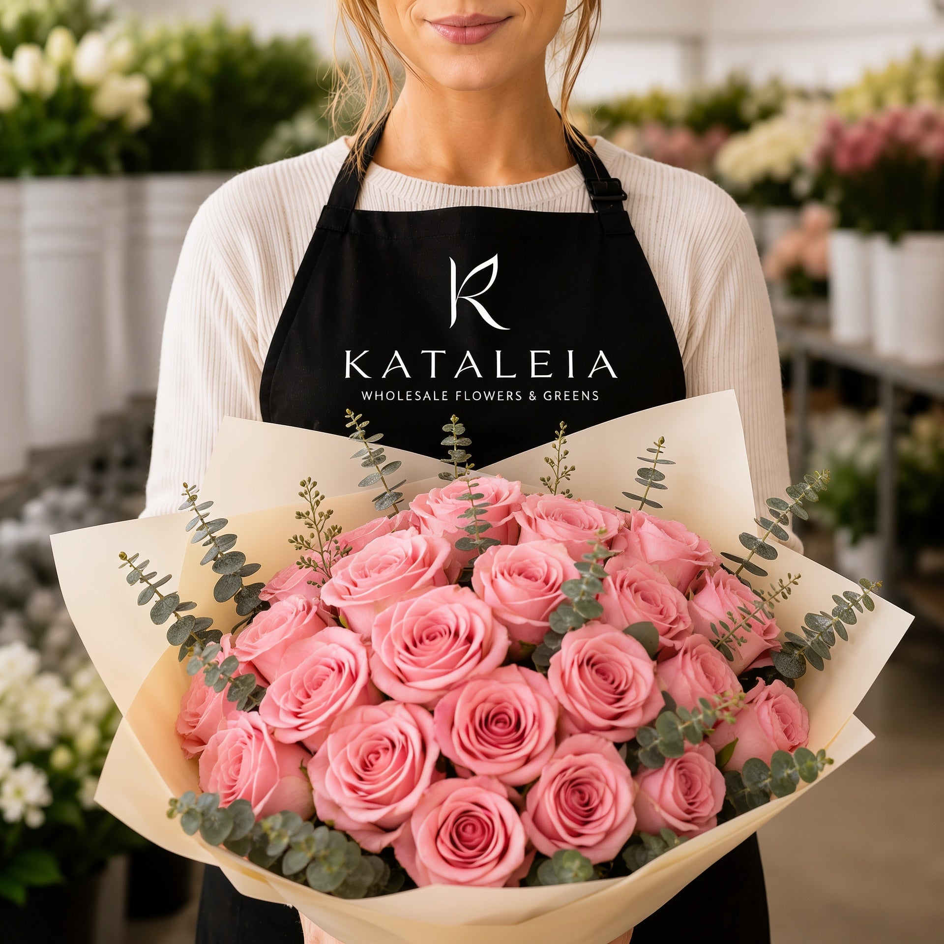 Florist holding a wholesale bouquet of fresh pink Art Deco roses with eucalyptus, farm-direct from Kataleia