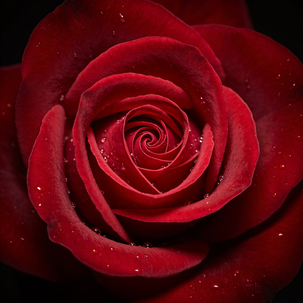 Macro close-up of a single deep red Freedom rose with dewdrops on the petals, wholesale roses farm-direct from Kataleia