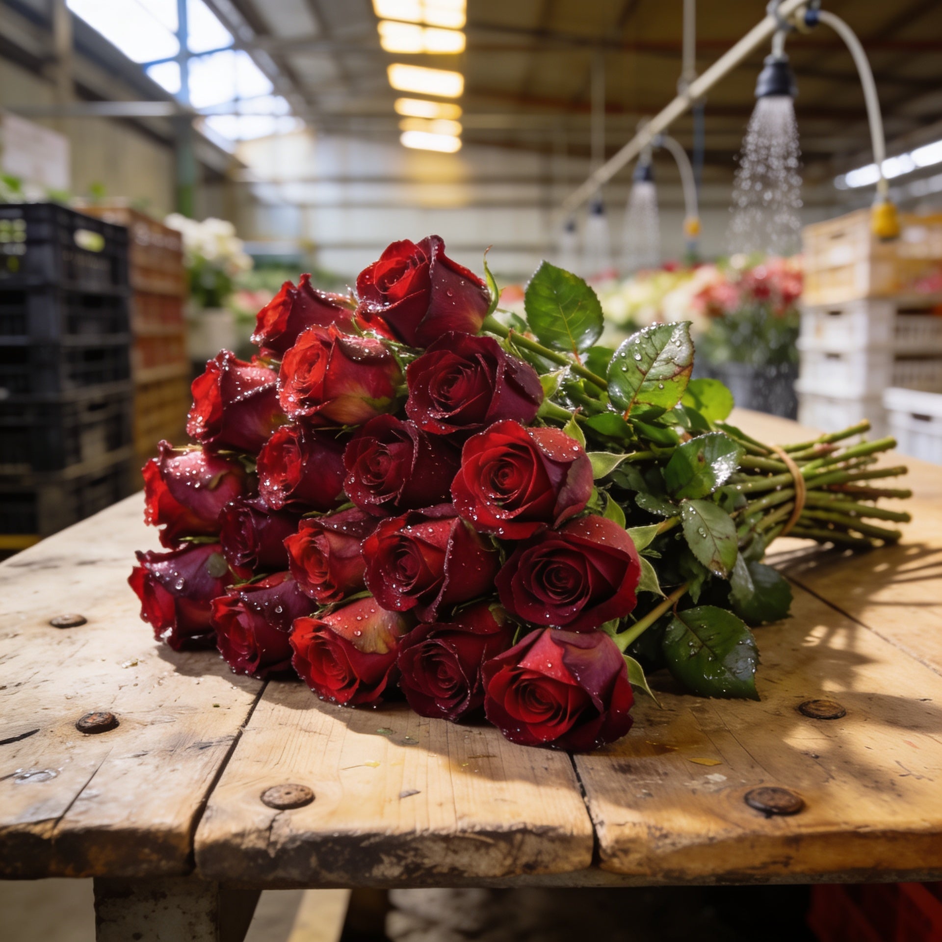 Fresh bunch of deep red Freedom roses with foliage in a flower wholesale warehouse, farm-direct from Kataleia