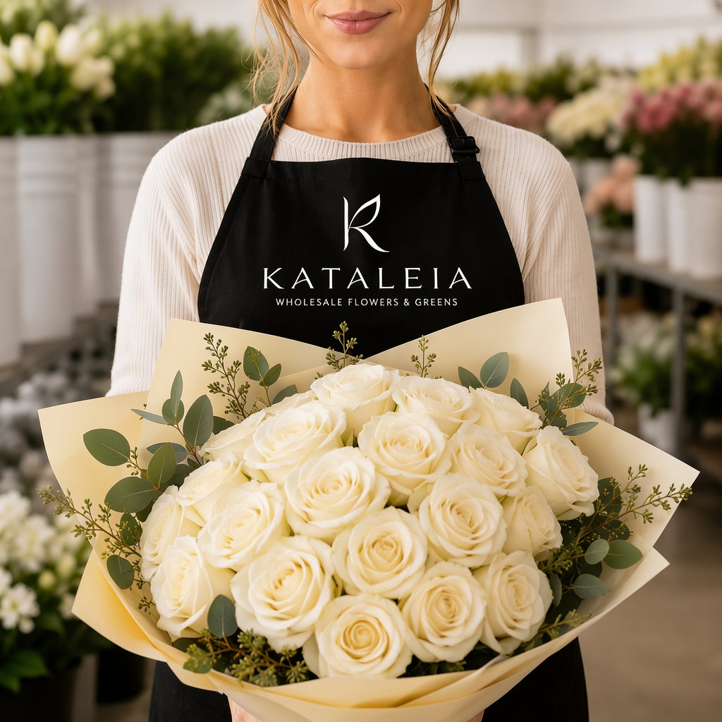 Florist holding a wholesale bouquet of fresh white Mondial roses with eucalyptus, farm-direct from Kataleia