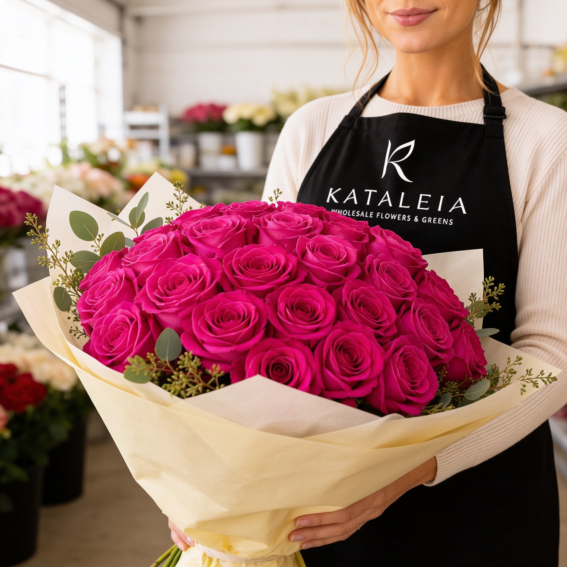 Florist holding a wholesale bouquet of fresh hot pink Pink Floyd roses with eucalyptus, farm-direct from Kataleia