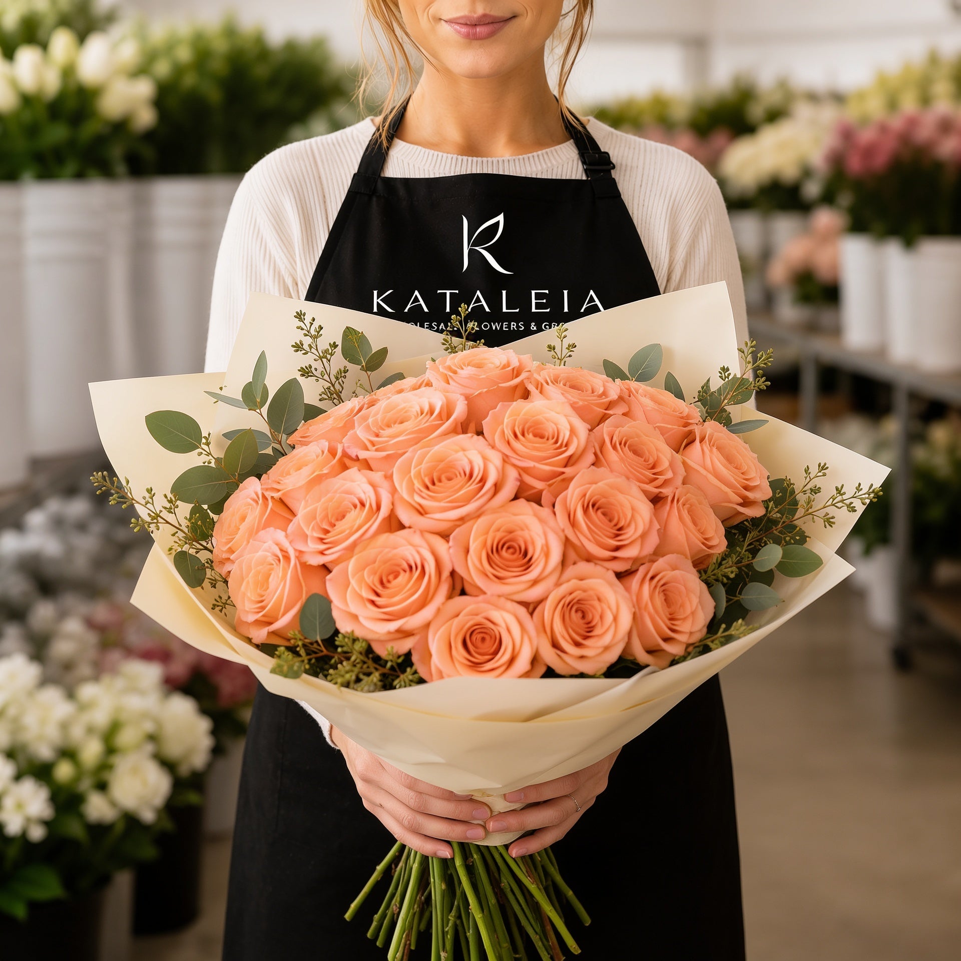 Florist holding a wholesale bouquet of fresh peach Shimmer roses with eucalyptus, farm-direct from Kataleia