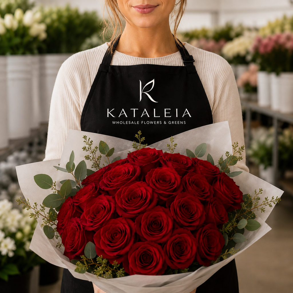 Florist holding a wholesale bouquet of fresh red Freedom roses with eucalyptus, farm-direct from Kataleia